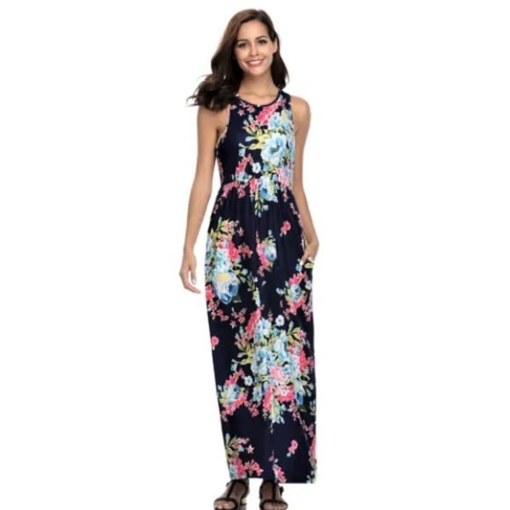 Lilly Posh Boutique Navy Floral Maxi Dress 3XL Racer Back Pockets Boho Beachy